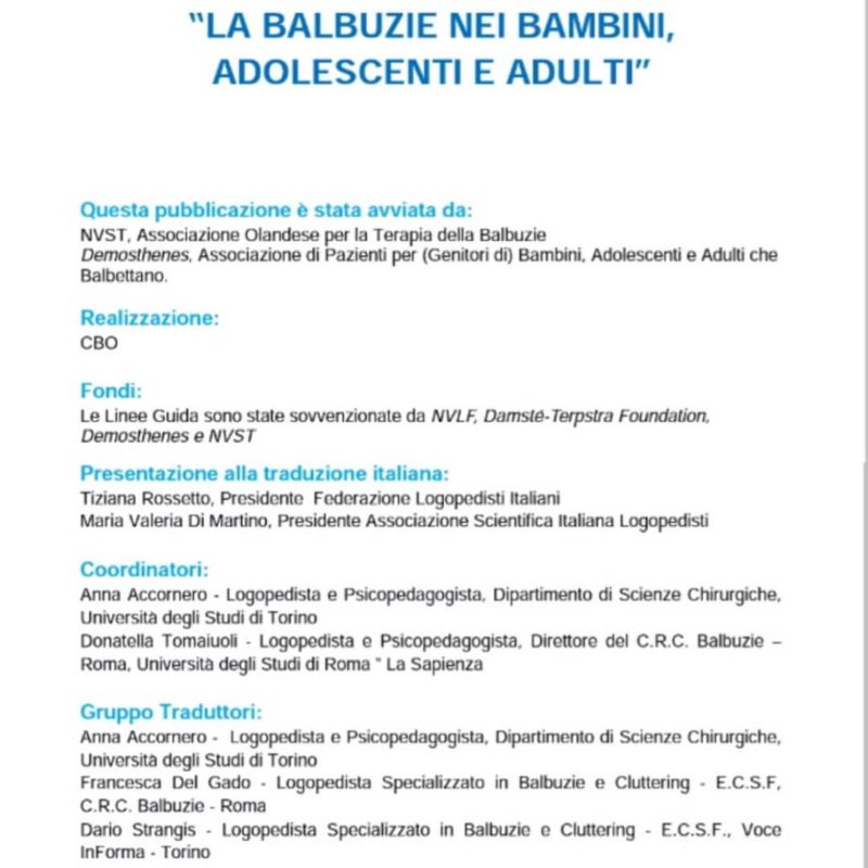 Linee Guida Cliniche, “La balbuzie nei bambini, adolescenti e adulti”